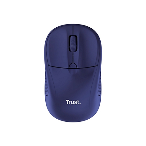 Dunkelblaue, ergonomische Trust-Computermaus mit Scrollrad und DPI-Taste von oben gesehen.