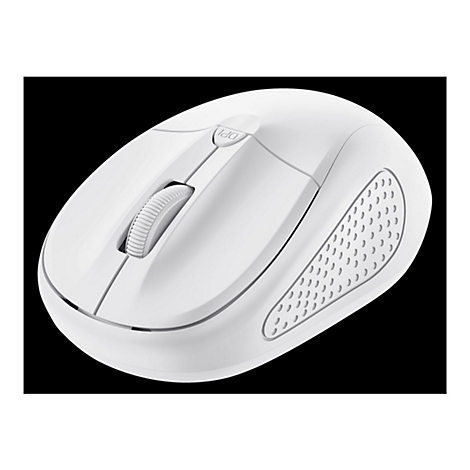 Weiße, ergonomische Computermaus mit Mausrad und DPI-Taste auf schwarzem Hintergrund.