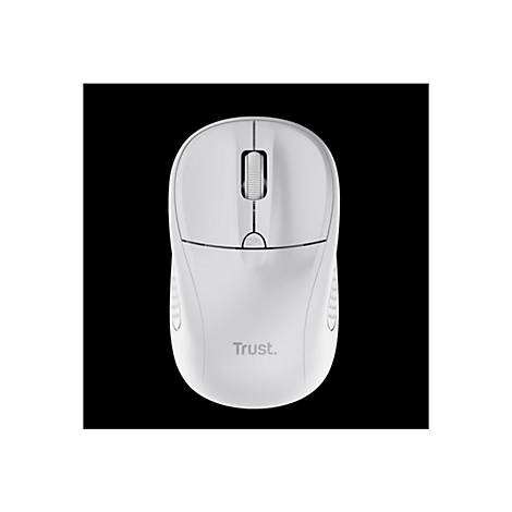 Weiße, kabellose Computermaus von oben gesehen mit dem Logo Trust und einer DPI-Taste.