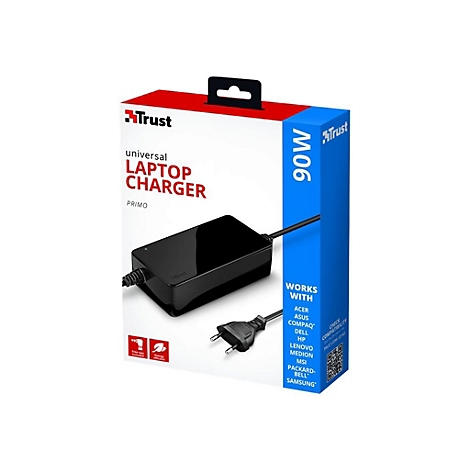 Ein schwarzes Laptop-LadegerÃ¤t auf einer weiÃŸen Verpackung mit roten und blauen Akzenten. Text: Trust, Laptop Charger.