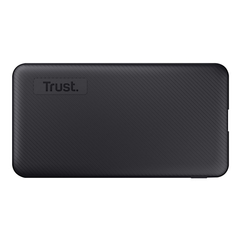 Schwarze, rechteckige Powerbank mit diagonalem Streifenmuster und eingeprägtem Trust-Logo.