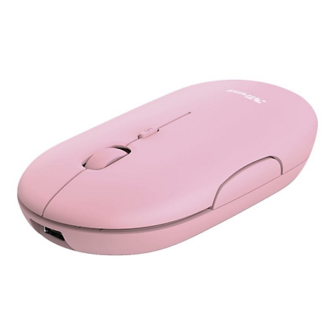 Eine flache, hellrosa kabellose Computermaus der Marke Trust vor weißem Hintergrund.