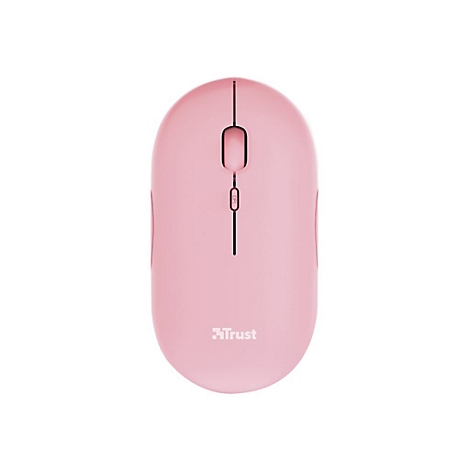 Draufsicht einer flachen, rosa kabellosen Computermaus der Marke Trust auf weißem Hintergrund.