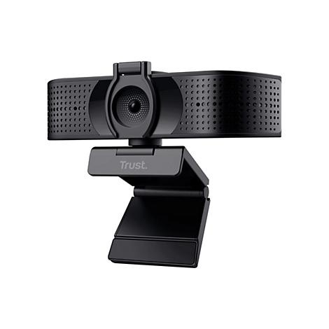 Schwarze Webcam mit Trust-Logo und verstellbarem Standfuß, vor weißem Hintergrund.