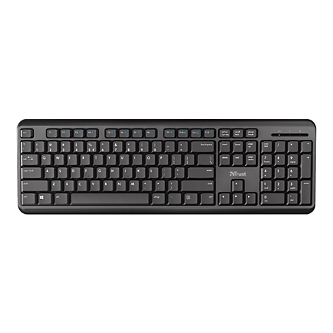Schwarze Trust Tastatur im QWERTZ-Layout mit Ziffernblock und Funktionstasten vor weißem Hintergrund.
