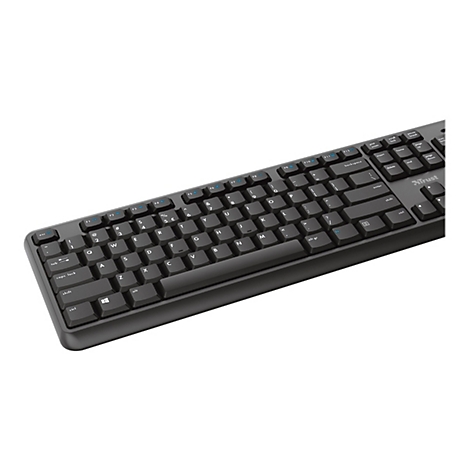 Schwarze Trust Tastatur in Draufsicht, Fokus auf QWERTZ-Layout und Funktionstasten.