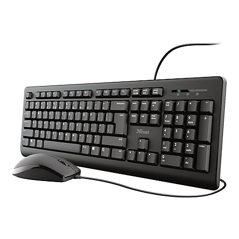 Schwarzes kabelgebundenes Tastatur-Maus-Set von Trust vor neutralem Hintergrund.
