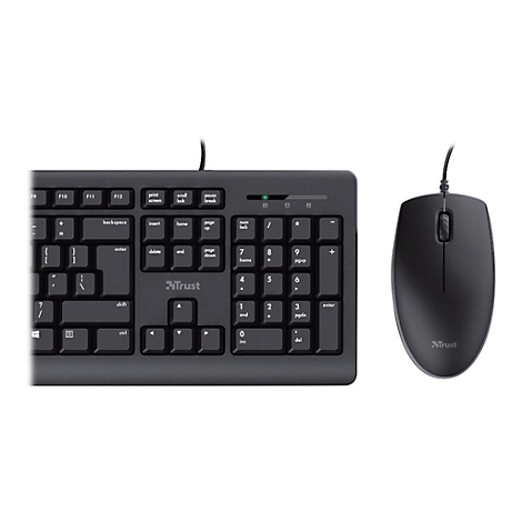 Schwarzes kabelgebundenes Trust-Tastaturset bestehend aus dem rechten Teil der Tastatur und einer Maus.