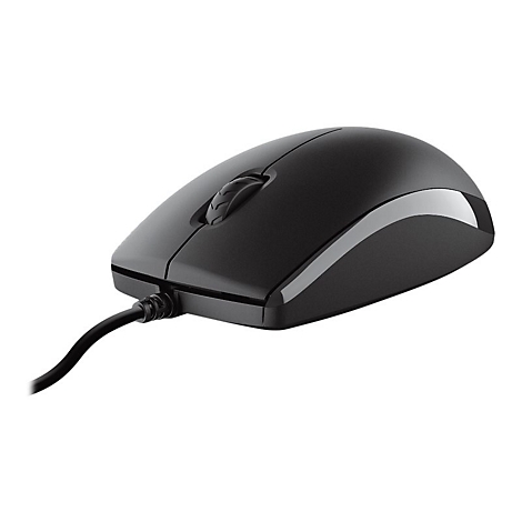 Eine schwarze, kabelgebundene Computermaus vor weißem Hintergrund.