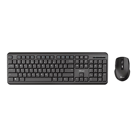 Schwarzes kabelloses Tastatur- und Maus-Set von Trust auf weißem Hintergrund.