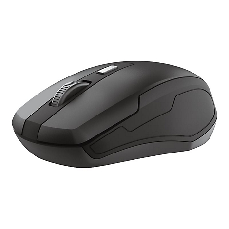 Schwarze, ergonomische kabellose Computermaus mit geriffeltem Mausrad und silberner Taste vor weißem Hintergrund.