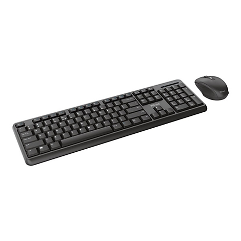 Schwarzes kabelloses Tastatur-Maus-Set von Trust vor neutralem Hintergrund.