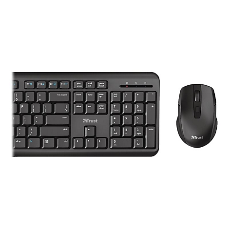 Schwarzes Trust Tastatur- und Mausset vor weißem Hintergrund.