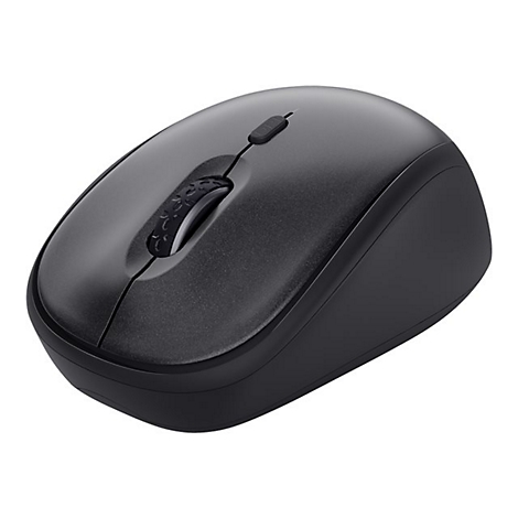 Schwarze, ergonomische kabellose Computermaus aus Kunststoff mit Scrollrad und DPI-Taste vor weißem Hintergrund.