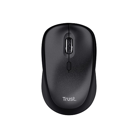 Schwarze kabellose Computermaus der Marke Trust in der Draufsicht.