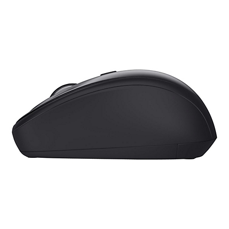 Seitliche Ansicht einer ergonomisch geformten, mattschwarzen Computermaus vor weißem Hintergrund.