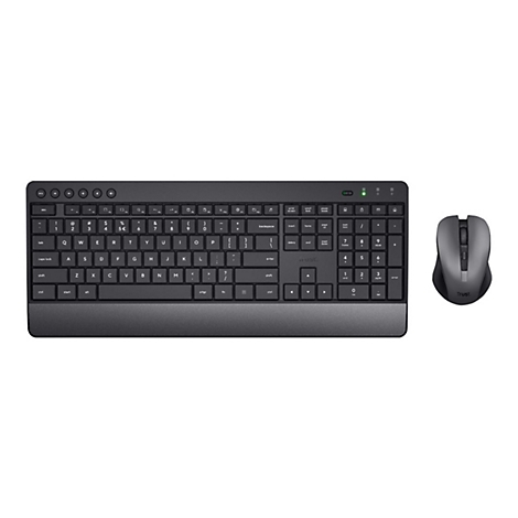 Schwarzes kabelloses Tastatur- und Maus-Set mit Handballenauflage vor weißem Hintergrund.