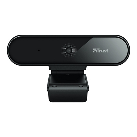 Schwarze Webcam mit Trust-Logo. Kamera und Mikrofon sind sichtbar.