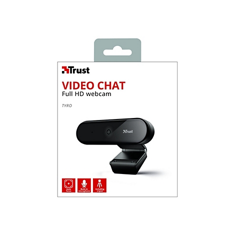 Webcam in Verpackung, Produktname: Video Chat. Funktionen: Autofokus, eingebautes Mikrofon, Stativ.
