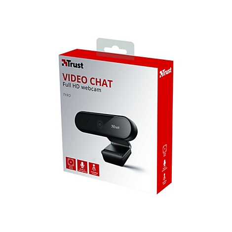 Eine Produktverpackung der Trust Tyro Full HD Webcam. Das Produkt ist auf der Verpackung abgebildet. Zu sehen sind Text wie "Video Chat", "Full HD Webcam" und Icons für Autofokus, Mikrofon und Stativ.