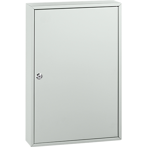 A rectangular, grey medicine cabinet with a door and a round lock.