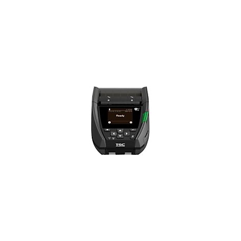 Schwarzer mobiler Thermodrucker mit Display. 'Ready' wird angezeigt, daneben Tasten und das Logo 'TSC'.
