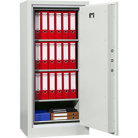 Open safe with red file folders, blue box, and binders.