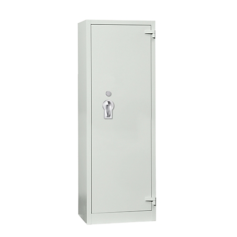 Light grey steel cabinet with door, lock, hinges. On a white background.