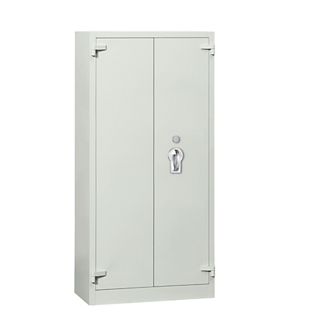 Gray steel cabinet with two doors, handle, corner fittings, against a white background.