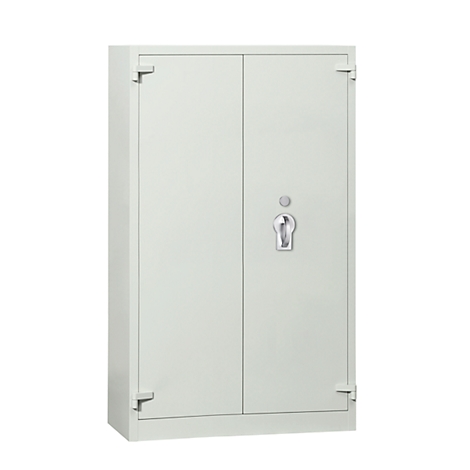 Grey steel cabinet with two doors and a handle in the middle. It stands against a white background.