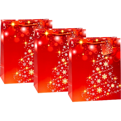 Drie rode geschenktassen met een stralend kerstboom- en sneeuwvlokmotief op een witte achtergrond.