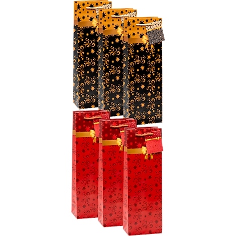 Sechs schmale Geschenktüten für Flaschen in Schwarz-Gold und Rot-Gold mit Sternen- und Ornamentmustern.