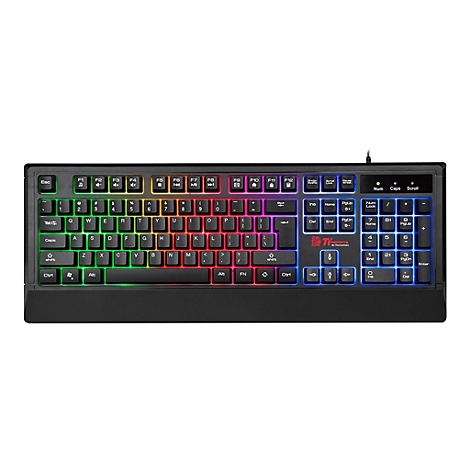 Schwarze Gaming-Tastatur mit RGB-Beleuchtung, Tastenbeschriftungen und Markenlogo.