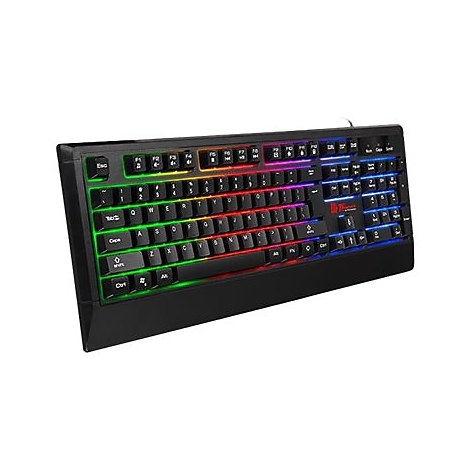 Schwarze Gaming-Tastatur mit farbiger RGB-Beleuchtung, Blickwinkel von oben. Tastatur hat normale Tastenanordnung mit zusätzlichen Funktionstasten.