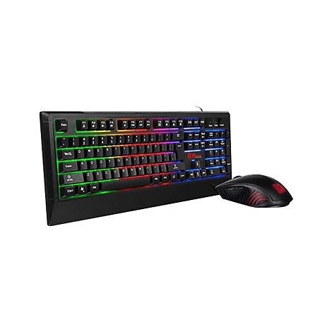 Schwarze Gaming Tastatur und Maus mit farbiger LED Beleuchtung vor weißem Hintergrund.