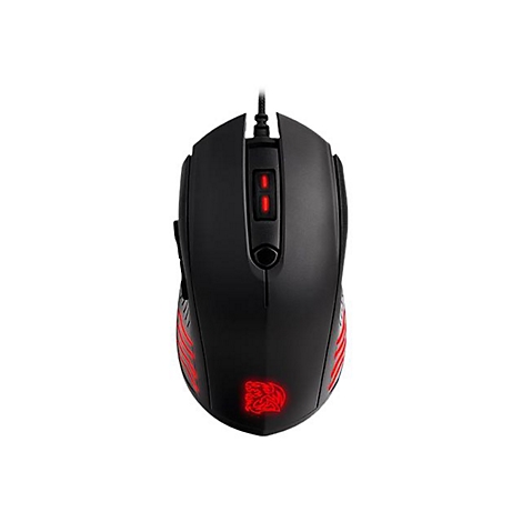 Schwarze Gaming-Maus mit roten Akzenten. Zwei Knöpfe, Logo und seitliche Elemente leuchten rot.