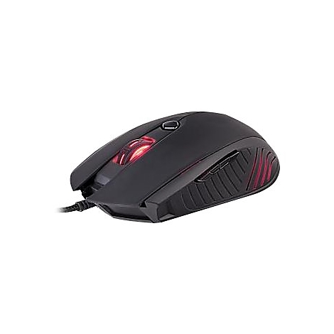 Schwarze Gaming-Maus mit roter Beleuchtung und Kabel, vor weißem Hintergrund.