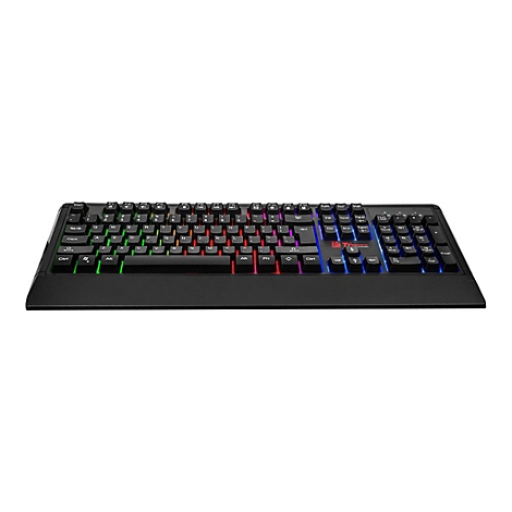 Schwarze Gaming-Tastatur mit RGB-Beleuchtung und farbigen Tasten auf weißem Hintergrund.