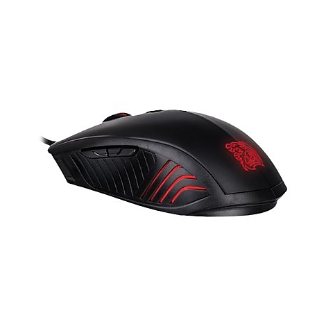 Schwarze Gaming-Maus mit roten Akzenten und leuchtendem Logo.