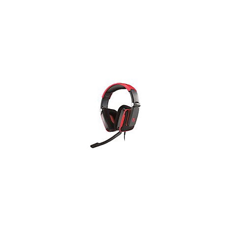 Rotes und schwarzes Gaming-Headset mit Mikrofon, Kabel und Details. Auf weißem Hintergrund.