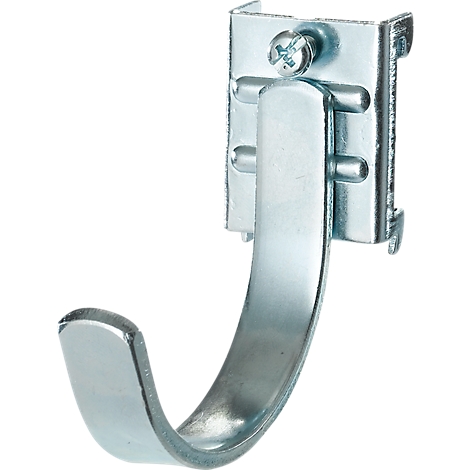 Metal hook for wall mounting. The hook is silver, attached with a bracket and a screw.