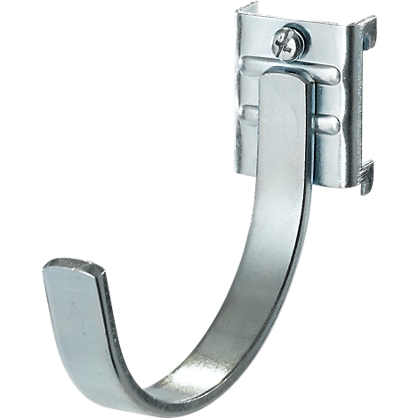 Metal hook, curved with rectangular bracket and screw.