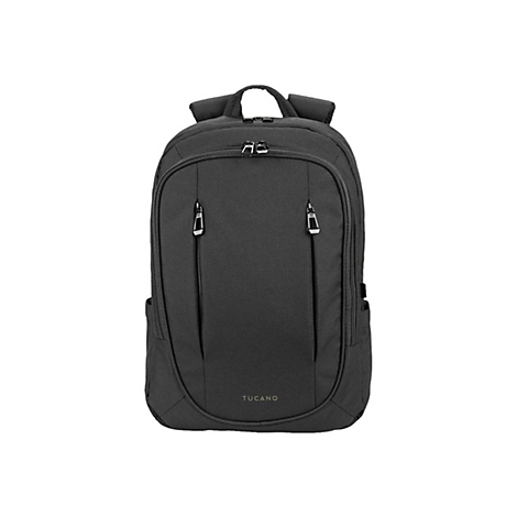 Schwarzer Rucksack, zwei ReiÃŸverschlusstaschen, Schultergurte und Tragegriff, Marke TUCANO.