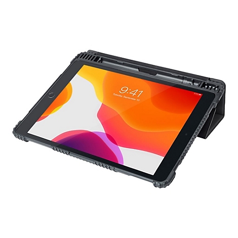 Ein schwarzes iPad mit SchutzhÃ¼lle, 9:41 Uhr auf dem Bildschirm. Es steht auf einer Halterung.