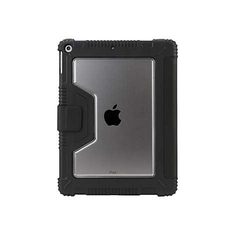 Schwarze iPad-SchutzhÃ¼lle; robuster Rahmen, transparente Mitte mit Apple-Logo. Texturierte Kanten und ein Verschluss.