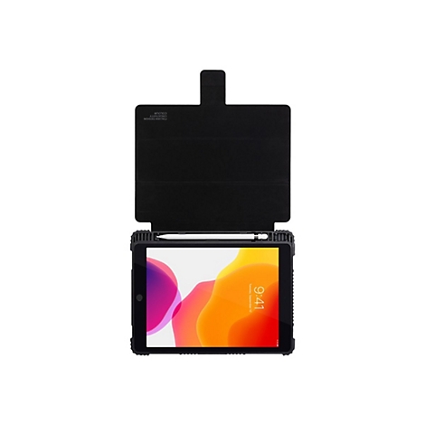 Schwarzes Tablet mit HÃ¼lle und Stift. Display mit Uhrzeit. Der Hintergrund ist weiÃŸ.
