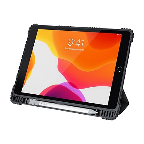 Ein schwarzes iPad mit SchutzhÃ¼lle. Auf dem Bildschirm steht 9:41. Ein weiÃŸer Stift steckt in einem Fach am unteren Rand.