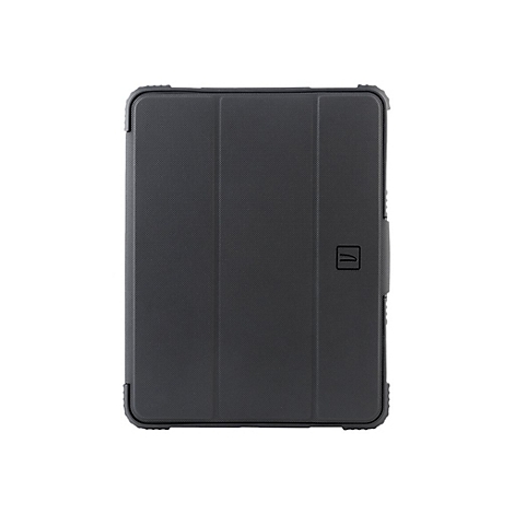 Dunkelgraue Tablet-HÃ¼lle mit dreifach faltbarem Deckel. Auf der Verschlusslasche ist ein quadratisches Logo.