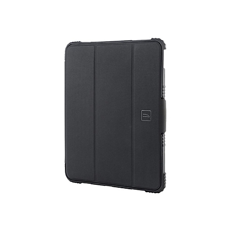 Schwarze Tablet-HÃ¼lle mit geschlossenem Deckel. Sie hat eckige, robuste Kanten und eine dreifach gefaltete Deckelkonstruktion.