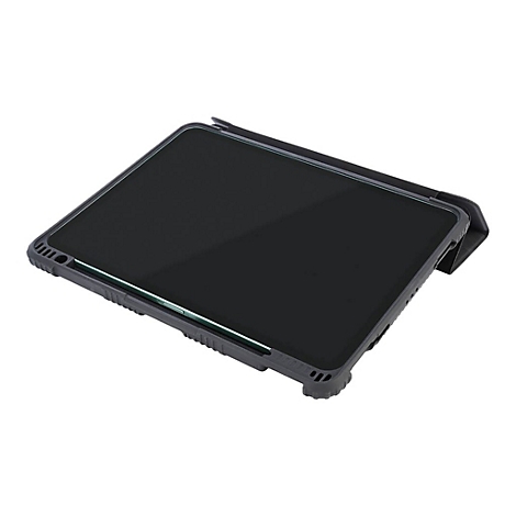 Ein schwarzes Tablet in einer SchutzhÃ¼lle. Auf dem Display ist eine Reflexion zu sehen.